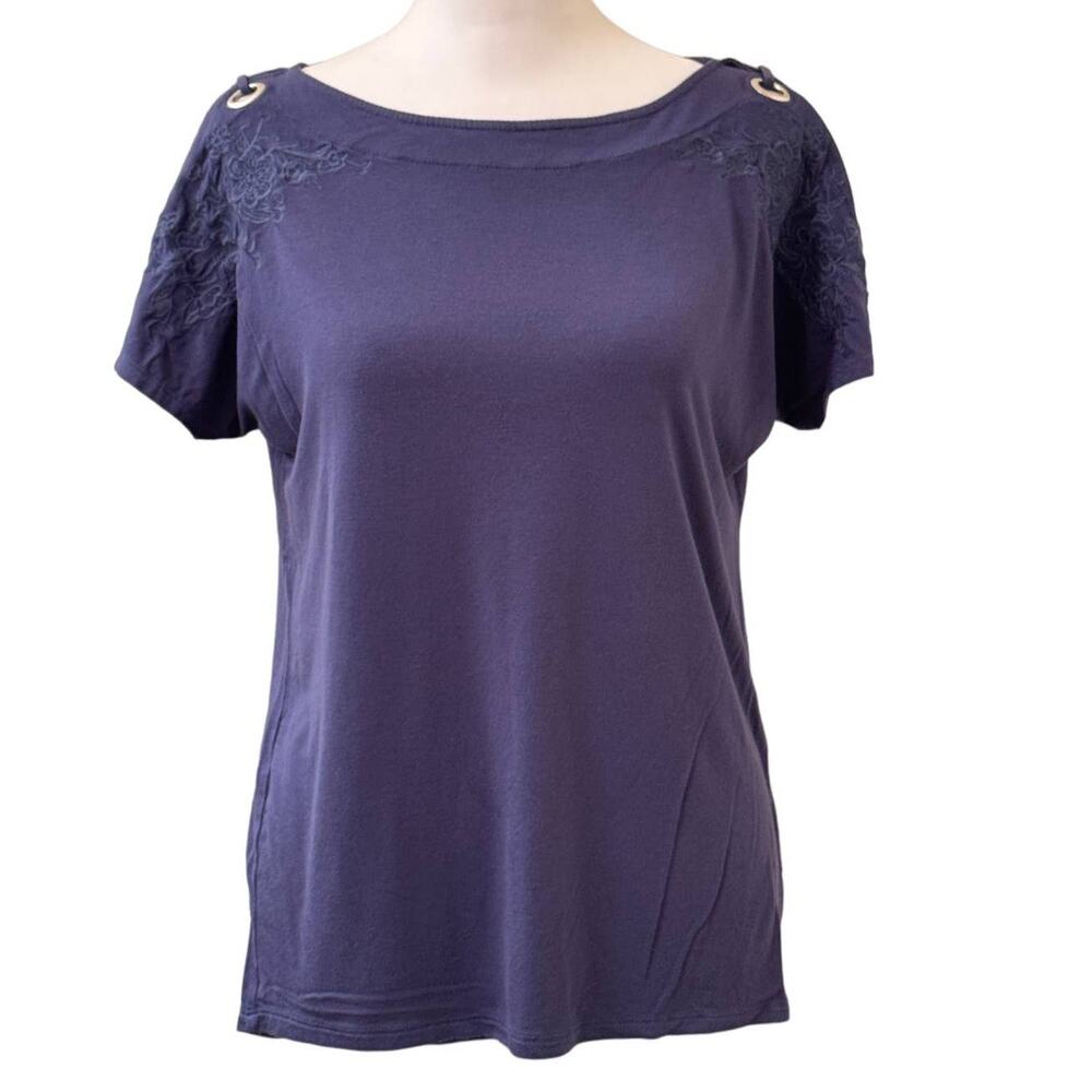 Cable & Gauge Boat Neck Blouse Shirt Top Floral Embroidery Peekaboo Sleeve Sz S